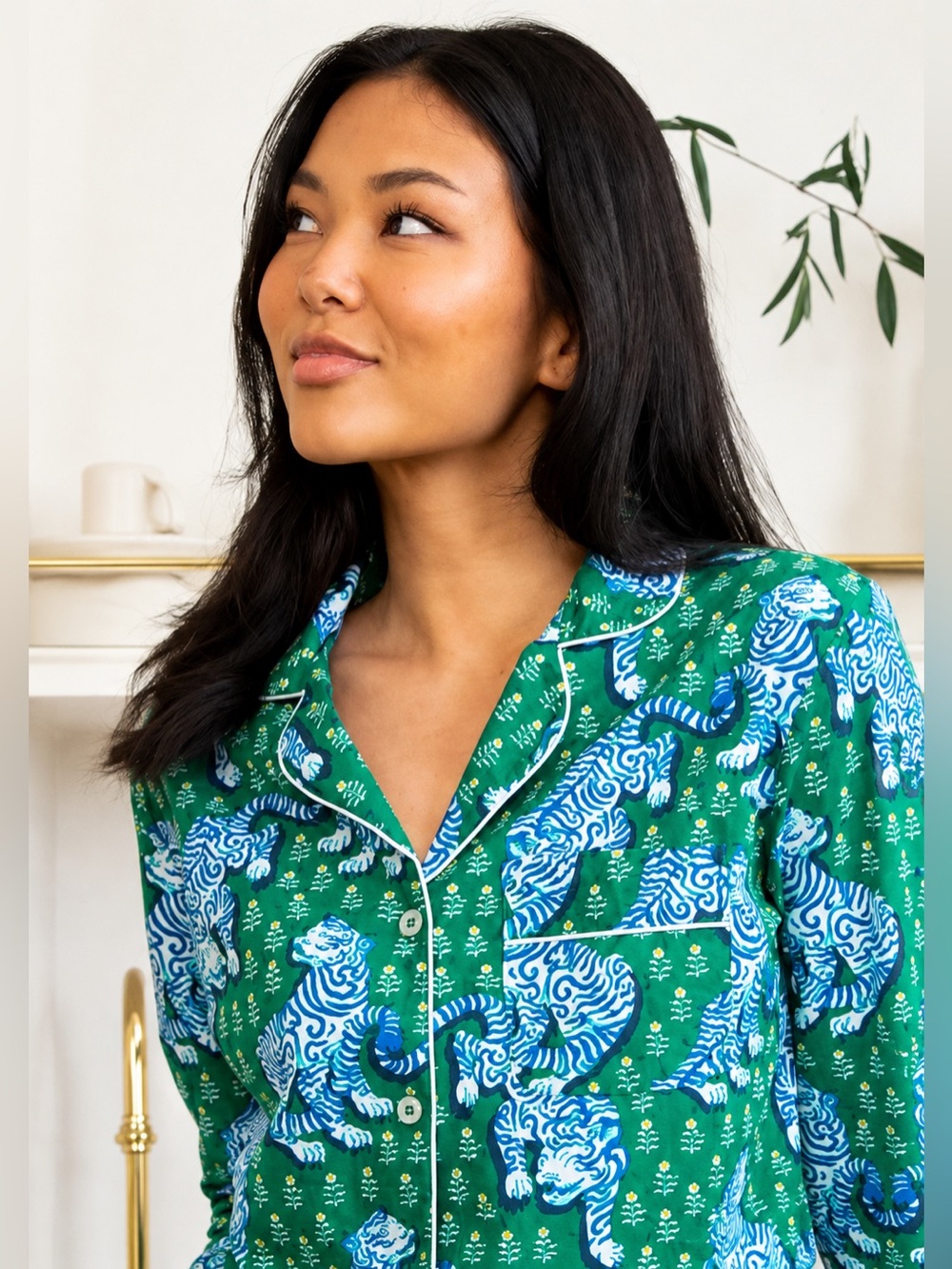 NWT Printfresh Tiger Queen Sz M Pajama Set Organic Cotton Green Blue Retail $168 - Picture 2 of 6